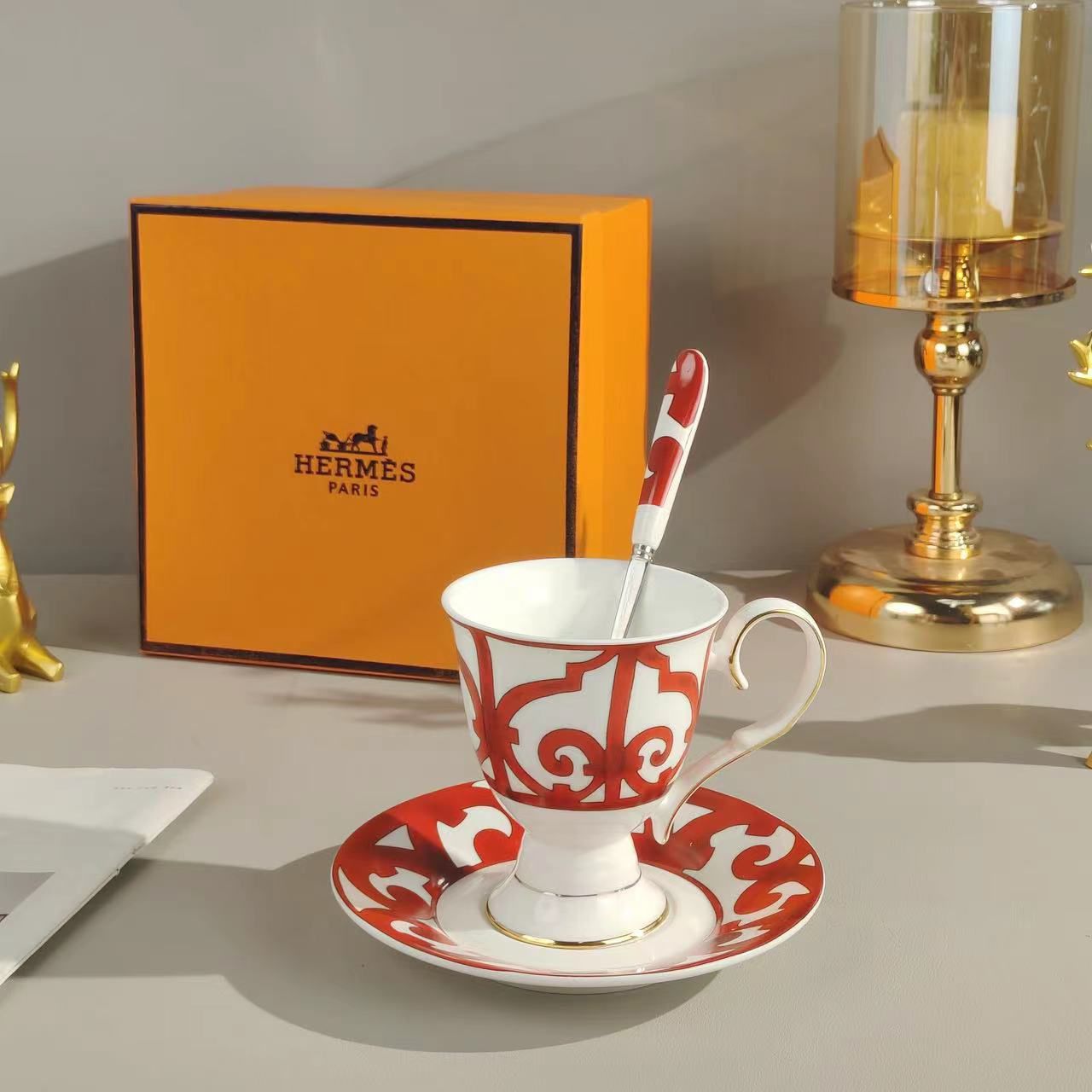 Hermes Bone China Coffee High foot Trophy 3-piece set 💙 vintage